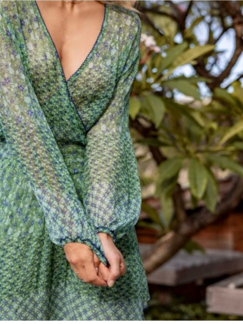 Poupette St Barths silk Green Printed V-Neck Long Sleeve Women’s Dress